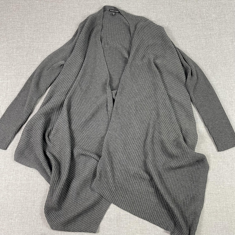 Eileen Fisher Cardigan Sweater Womens S Gray Linen Wool Open Front Knit